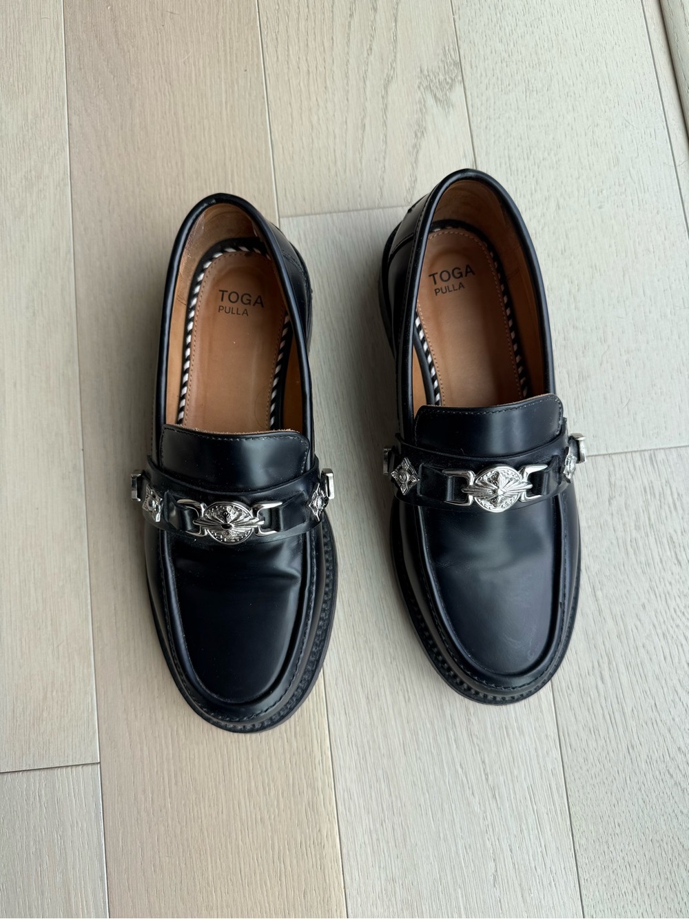 TOGA Pulla Black Leather Loafers with Silver Chain Detail - Picture 2 of 6